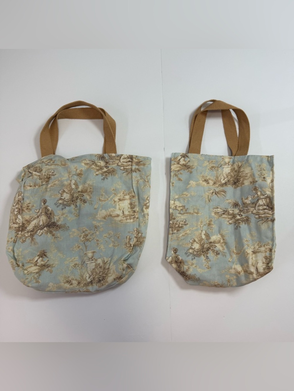 Blue Toile Canvas Tote Bag with Tan Handle handmade lot of 2 rare fabric